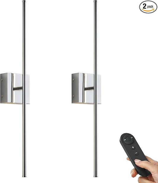 KARTOOSH Battery Operated Wall Sconces with Remote Control, Dimmable Wall Sconces Set of Two, 350°Rotate, 3000K LED Chrome Wireless Wall Light for Living Room, Hallway, Bedroom, 24.4 Inch (2 Pack)