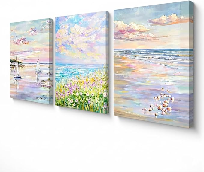 SEWEAIPIC 3 Piece Coastal Wall Art, Dreamy Pastel Pink Beach Canvas Prints, Calming Ocean Sunset Painting for Bedroom, Living Room Decor, Seascape Artwork, 16x24 inch - Framed