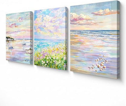 SEWEAIPIC 3 Piece Coastal Wall Art, Dreamy Pastel Pink Beach Canvas Prints, Calming Ocean Sunset Painting for Bedroom, Living Room Decor, Seascape Artwork, 16x24 inch - Framed