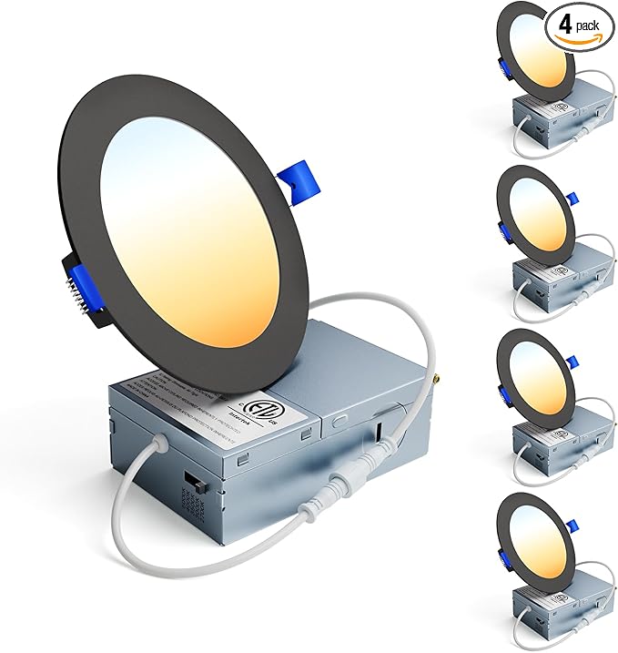 Ensenior 4 Pack 4 Inch LED Recessed Light, Dimmable, 2700K-5000K 5CCT, 750LM High Brightness, 9W 120V, Damp Rated, Ultra-Thin Canless Wafer Light, Black - ETL & FCC & IC