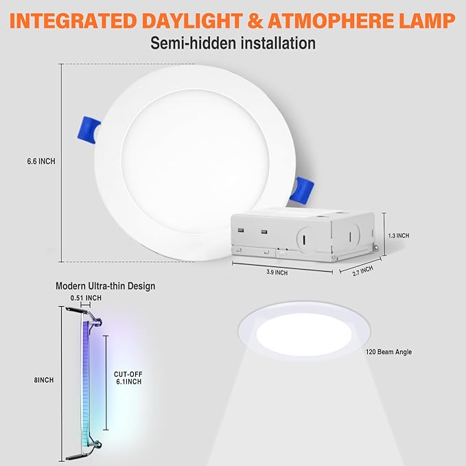 6Pack Smart RGB Recessed Light 6Inch,Ultra-Thin Canless LED Downlight,2.4GHz Wi-Fi Bluetooth Direct Connect,2700K-6500K,12W,2640lm,Work with App/Alexa/Google Assistant/Siri