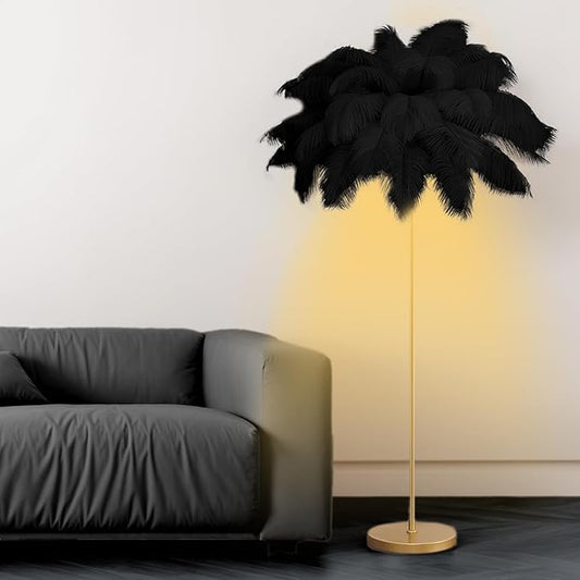 Feather Floor Lamp,Fluffy Ostrich Feather Floor Lamp for Bedroom,3 Color Temperatures Led Corner Modern Floor Lamps for Living Room Christmas Home Decor House Warming Gifts,63″ Height (Black)