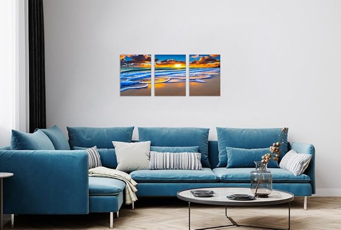 TutuBeer 3 Pcs Wall Decor Beach Ocean Pictures Sunrise over the Beach Pictures Print on Canvas Seascape Canvas Coastal Wall Art Ocean Wall Art Stretched and Framed 12" x 16" x 3