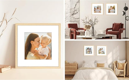 12x12 Picture Frame Set of 6, Display Pictures 8x8 with Mat or 12x12 Without Mat, Tabletop Display and Wall Hanging Photo Frame, Gallery Wall Frame Set, Natural Wood Color
