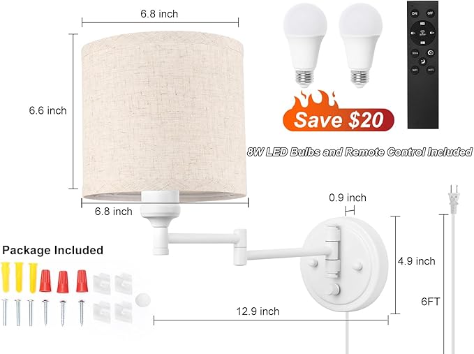 GOODATE Plug in Wall Sconces with Remote Control, Dimming, Adjustable Colors 2700K-6500K, Hardwire or Plug-in, Swing Arm Wall Lamp with Linen Fabric Shade, Wall Sconces Set of Two, White Finish