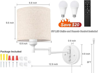 GOODATE Plug in Wall Sconces with Remote Control, Dimming, Adjustable Colors 2700K-6500K, Hardwire or Plug-in, Swing Arm Wall Lamp with Linen Fabric Shade, Wall Sconces Set of Two, White Finish