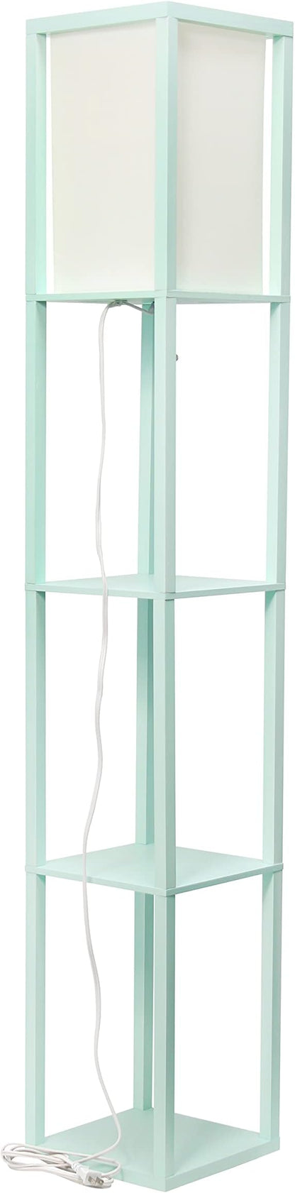 Simple Designs LF1014-AQU-LB Three Shelf Etagere Organizer Storage Floor Lamp with White Linen Shade for Living Room, Bedroom, Office, Hallway, Aqua, with Feit LED Bulb Included