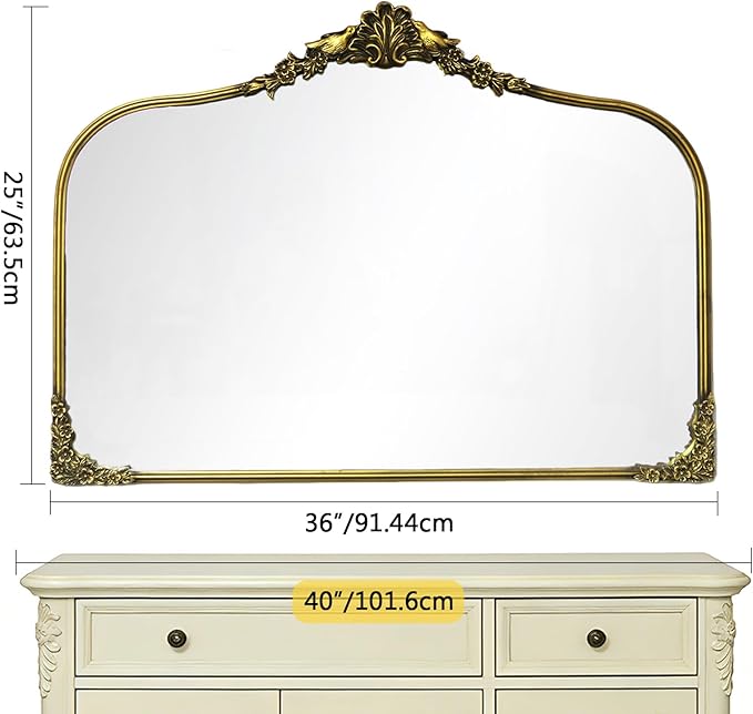 Antique Baroque Vintage Vanity Mirror 25x36Inch, Gold with Ornate Antique Frame, Arched Vintage Wall Mirror for Living Room, Fireplace, Entryway