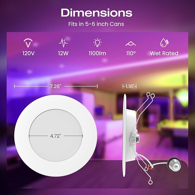 ALUSSO 6 Pack 5/6 Inch Smart LED Recessed Lights – RGB Color Changing, 1100LM Dimmable, Wi-Fi & Bluetooth, Smart Retrofit Trim Can Lights Compatible with Alexa & Google Assistant, Dual Control