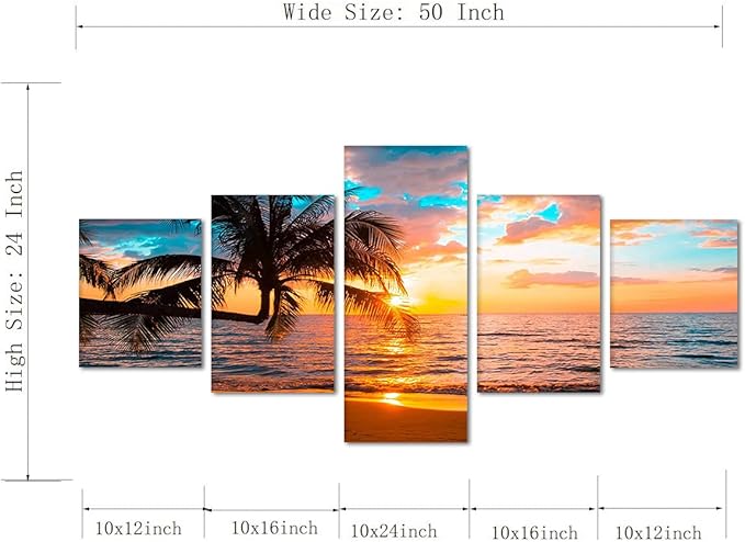 Ocean Canvas Wall Art Beach Sunset Poster Modern Seascape Pictures HD Print on Canvas Framed Landscape Artwork for Living Room Kitchen Bedroom Wall Decorations Stretched Ready to Hang - 50''W x 24''H