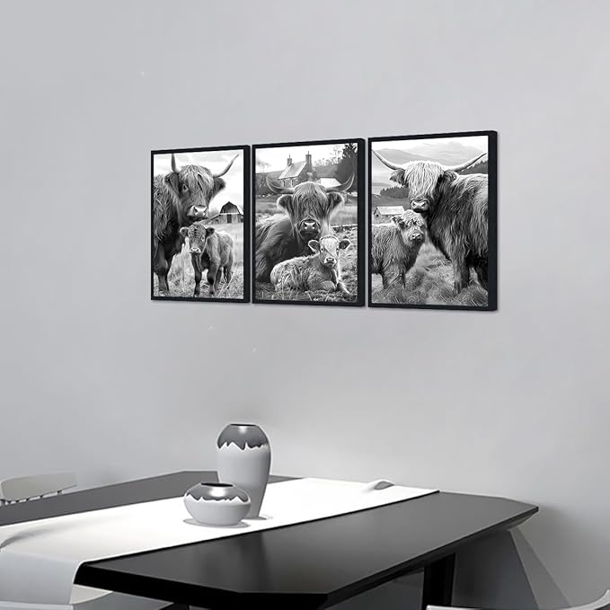 Western Cow 3 Piece Framed Wall Art for Living Room Vintage Black and White Farmhouse Canvas Poster Rustic Highland Cow Wall Decor for Kitchen Country House Decor Easy to Hand 12x16inchx3pcs