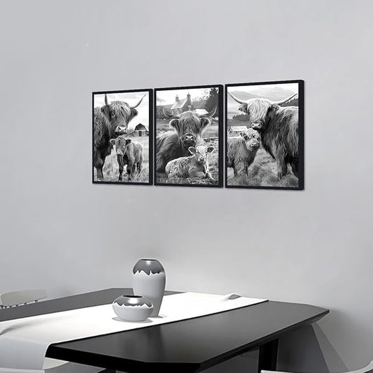 Western Cow 3 Piece Framed Wall Art for Living Room Vintage Black and White Farmhouse Canvas Poster Rustic Highland Cow Wall Decor for Kitchen Country House Decor Easy to Hand 12x16inchx3pcs