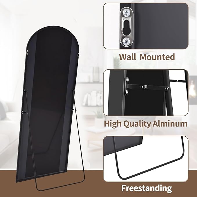 OGCAU Full Length Mirror, 70"x26" Arched Full Body Floor Mirror with Stand, Hanging or Leaning, Standing, Wall Mounted with Aluminum Frame for Bedroom Living Room (Black)
