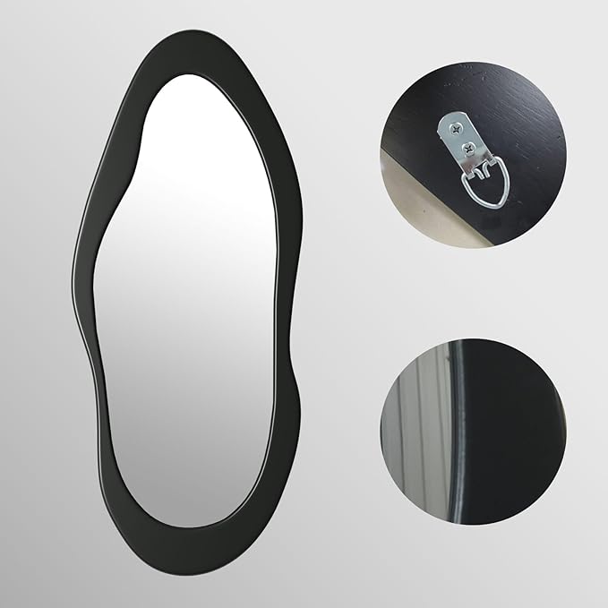 55"x 24" Irregular Wavy Full Length Mirror Black Wooden Framed Full Body Mirror Irregular Wall Mirrors Hanging for Bedroom Living Room Cloakroom