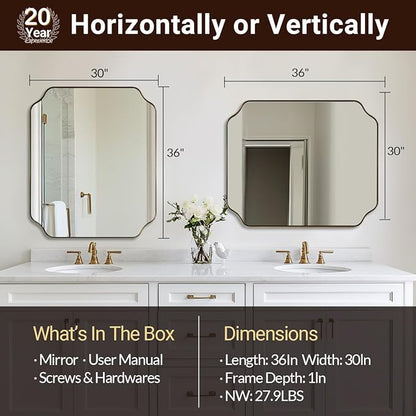 ANDY STAR 30"x36" Gold Bathroom Mirror, Brushed Brass Rectangle Mirror for Bathroom, Scalloped Vanity Mirror in Anti-Rust Stainless Steel Metal Thin Frame, Wall Mount Vertical or Horizontal