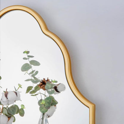 Chende Gold Bathroom Mirror with Wooden Frame, 36"X24" Arched Mirror for Living Room Decor, Modern Scalloped Mirror for Entryway, Dining Room, Bedroom