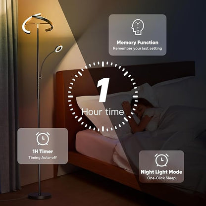 SIBRILLE Upgraded 36W RGBCW Floor Lamp with Ring Reading Lamp, Rotatable Remote Control LED Standing Lamp Dimmable Floor Light Modern Standing Light for Living Room Bedroom Home Office, Black