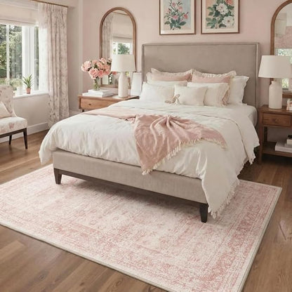 GENIMO 5FT Round Area Rugs for Living Room, Circle Rugs Machine Washable Low Pile, Chenille Non Slip Vintage Rug for Bedroom, Dining Room, Home Office, Pink