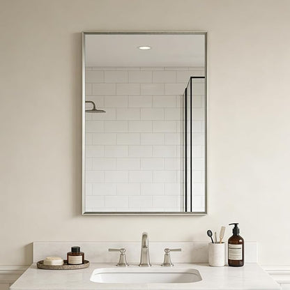 Bathroom Mirror for Wall, 20x30 Inch Metal Framed Mirror, Brushed Nickel Rectangle Mirror, Bathroom Vanity Mirror Farmhouse, Tempered Glass, Anti-Rust, Hangs Horizontally or Vertically