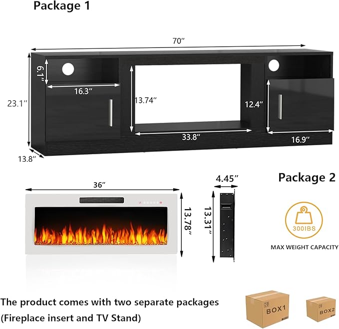 TAVATA 70" Fireplace TV Stand, Modern LED Light Entertainment Center with Storage and 36" Fireplace, Media TV Console for TVs Up to 80", Fire Place TV Stands for Living Room, Black+White