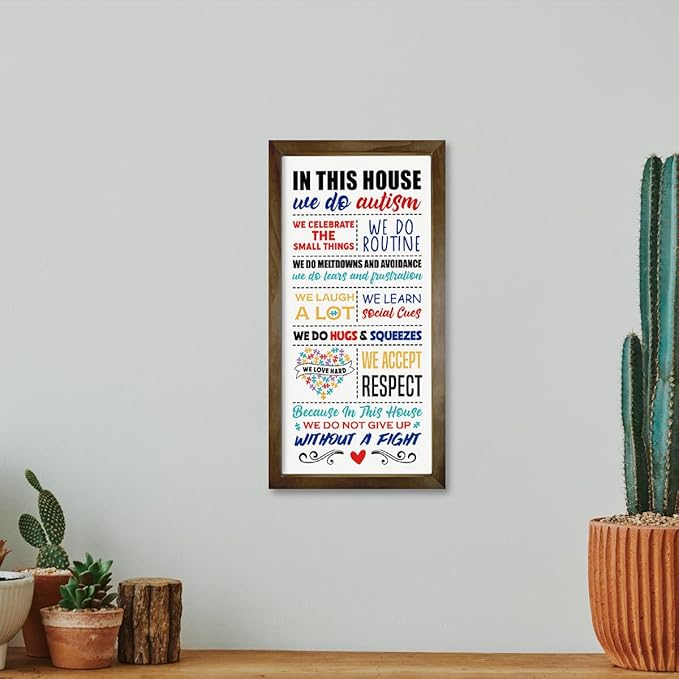 Rustic Autism Awareness Sign, Autism's Room Wall Decor, Autism's Family Home Decor, Wooden Framed Wall Decors, Classroom Decoration, In This House We Do Autism Sign, 15×7.5×0.3 inches