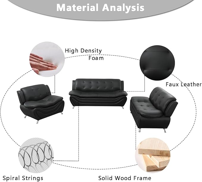 Leather Couches for Living Room, Living Room Couch Set, Sofa for Bedroom, Apartment, Living Room Furniture Sets (a-Leather Black, Chair)