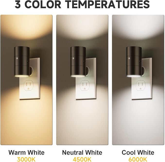 NIORSUN Night Lights Plug into Wall, Dimmable with 3 Color Modes & Auto On/Off Sensor, Ultra-Slim Nightlight for Hallway, Bathroom, Bedroom, Nursery, Kitchen (6 Pack, Black)