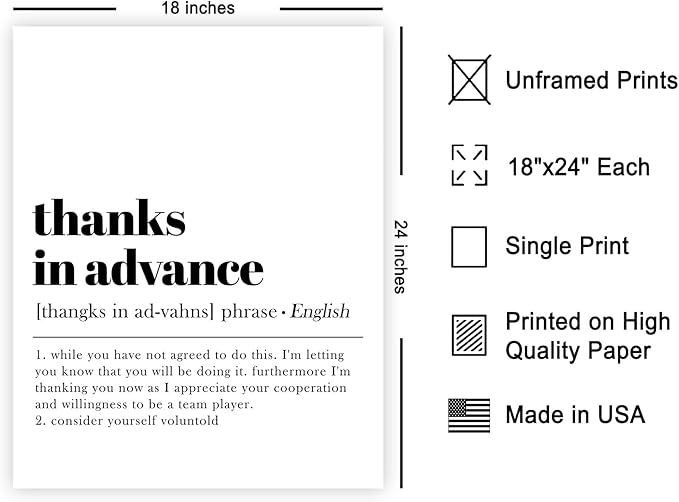 Poster Master Typography Poster - Retro Dictionary Print - Thanks in Advance Definition, Book Page, Funny - Gift for Colleague, Friend - Wall Decor for Home, Office, 18x24 Unframed Wall Art