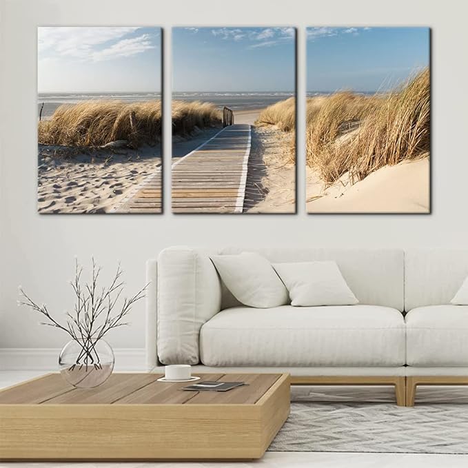 Pacimo Coastal Beach Canvas Wall Art - Pathway to Shoreline Artwork Painting for Home Wall Decor Oceanside Sea Grass Modern Artwork Prints on Canvas Framed Ready to Hang - 16"x24"x3 Panel