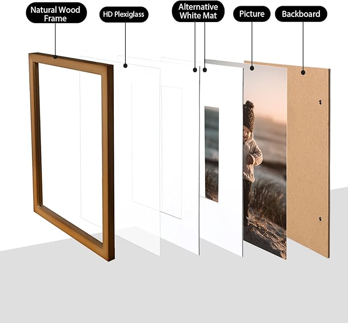 KINLINK 11x14 Picture Frame Brown, Solid Wood Frames with Acrylic Plexiglass for Pictures 5x7/8x10 with Mat or 11x14 without Mat, Tabletop and Wall Display, Set of 4