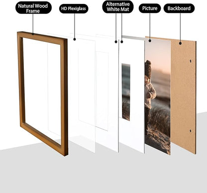 KINLINK 11x14 Picture Frame Brown, Solid Wood Frames with Acrylic Plexiglass for Pictures 5x7/8x10 with Mat or 11x14 without Mat, Tabletop and Wall Display, Set of 4