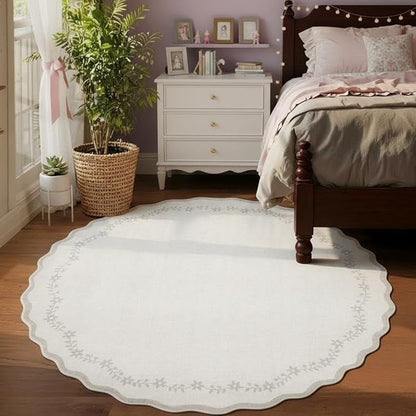 GarveeHome Round Area Rugs 8ft for Living Room, Large Solid Beige Washable Circle Rug Soft Non Slip Floral Print Floor Mat Carpet Indoor Thin Rug for Bedroom Dining Room Playroom Nursery