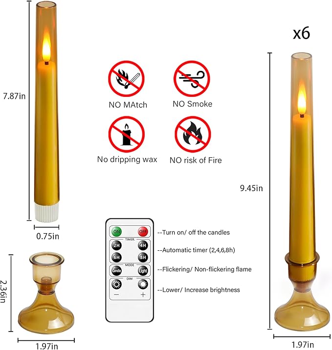 Sasigeiaa Flameless Taper Candles with Remote and Timer - 6 Pack LED Candles, Battery Operated, for Home, Wedding, Party (Gold)