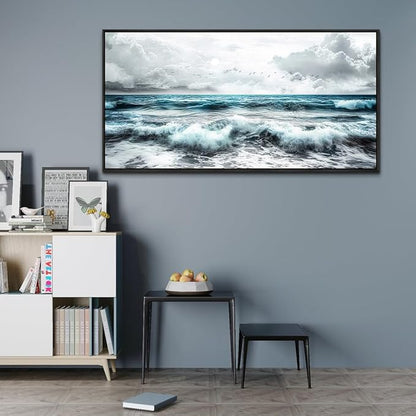 ERQINHUA Black And White Beach Wall Painting Large Canvas Wall Art For Living Room Wall Decor For Bedroom Office Wall Decor Blue Sea Wave Pictures Artwork Hotel Home Decor Black Framed 30x60 In