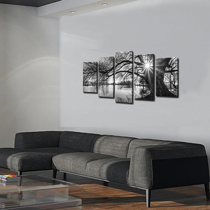 sechars - 5 Pieces Wall Art,Old Tree by Lake Picture Canvas Prints Sunrise Painting Black and White Landscape Canvas Art,Modern Wall Decoration,Framed and Ready to Hang