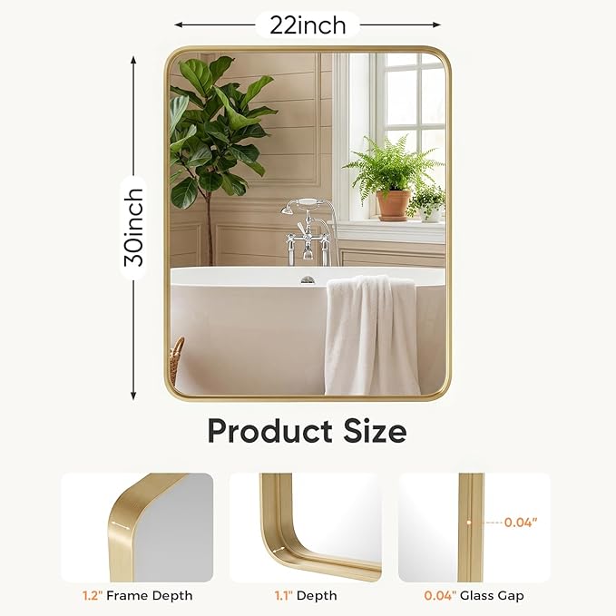 Sweetcrispy Bathroom Wall Mirror, 30x22 Inch Wall Mount Mirror for Over Sink, Modern Rounded Rectangle Vanity Mirror with Matte Metal Framed, for Home Decor, Living Room, Bedroom, Gold