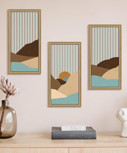 Putuo Decor Boho Mountain Wall Decor Set of 3, Mid Century Modern Wall Art Abstract Landscape Artwork with Sunset Striped Background Wall Hanging Sculptures for Living Room Bedroom Office 16x8in