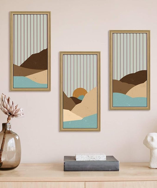 Putuo Decor Boho Mountain Wall Decor Set of 3, Mid Century Modern Wall Art Abstract Landscape Artwork with Sunset Striped Background Wall Hanging Sculptures for Living Room Bedroom Office 16x8in