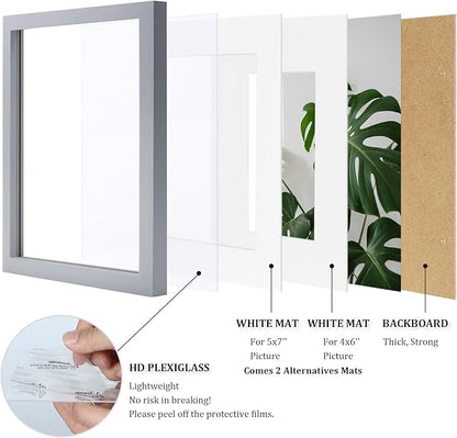 Egofine 8x10 Picture Frames 4 Pack Solid Wood Frames Covered by Plexiglass for Pictures 4x6 or 5x7 with Mat or 8x10 Without Mat, Photo Frames for Table Top and Wall Display, Light Gray