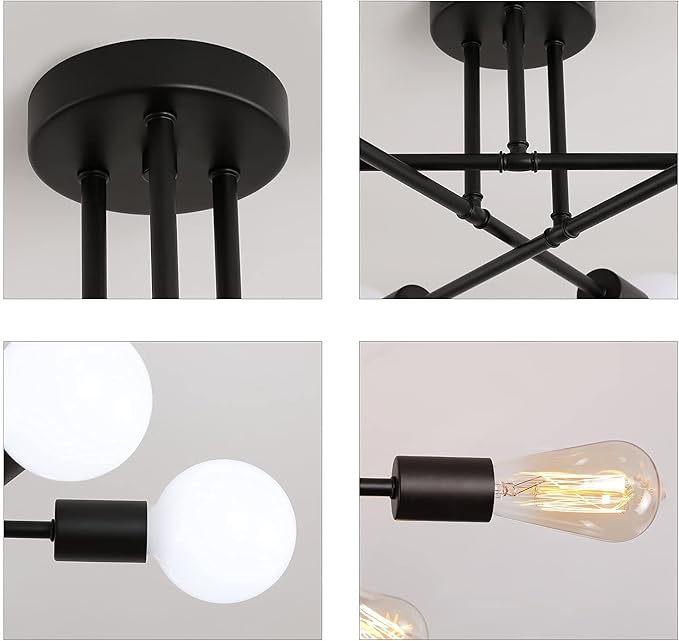 MEIXISUE Black Modern Sputnik Chandelier Ceiling Light Fixtures,6-Lights Industrial Metal Semi Flush Mount Ceiling Light for Bedroom Dining Room Living Room Kitchen Hallway UL Listed