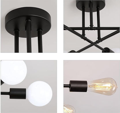MEIXISUE Black Modern Sputnik Chandelier Ceiling Light Fixtures,6-Lights Industrial Metal Semi Flush Mount Ceiling Light for Bedroom Dining Room Living Room Kitchen Hallway UL Listed