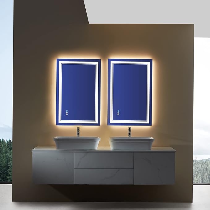 24x32 inch LED Bathroom Mirror RGB Color Changing Backlit Mirror Shatterproof Dimmable Anti-Fog Vanity Mirror with Double Lights (RGB Multicolor Backlit + Adjustable Front-Lighted)