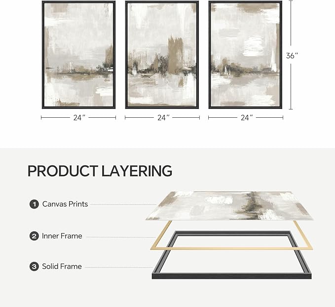 Large Framed Neutral Abstract Wall Art for Living Room, 3 Piece Brown Beige Canvas Artwork for Walls, Modern Minimalist Abstract Prints Paintings Pictures for Hallway Home Office Wall Decor, 24x36 In