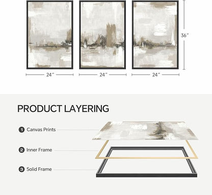 Large Framed Neutral Abstract Wall Art for Living Room, 3 Piece Brown Beige Canvas Artwork for Walls, Modern Minimalist Abstract Prints Paintings Pictures for Hallway Home Office Wall Decor, 24x36 In