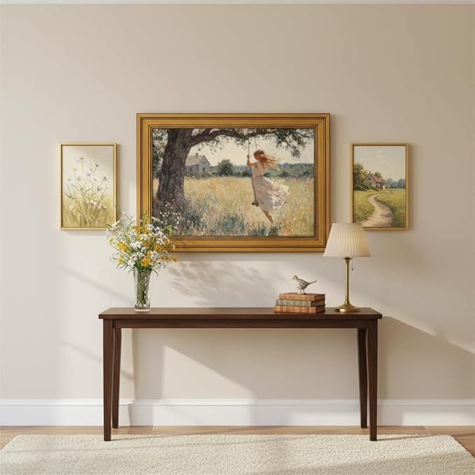 Vintage Gold Framed Canvas Wall Art, Swing Girl Poster Artwork, Country Landscape Print Picture, English Cottage Wildflorals Painting Wall Decor, for Living Room, Bedroom, Home Decoration, 12x16in