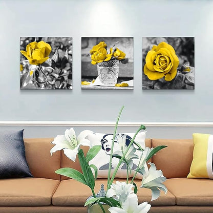 Lapremoly Wall Decor For Bedroom Canvas Wall Art For Kitchen Restaurant Black And White Wall Painting Yellow Rose Pictures Print Art Ready To Hang Girls Gift Room Modern Home Decoration 16"X16"
