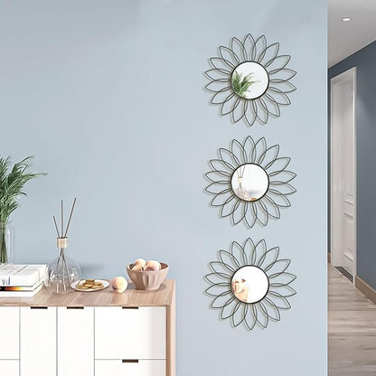 3 Pack Metal Mirrors for Wall Sunburst Wall Mirrors Home Décor Decorative Hanging Wall Art for Living Room Bedroom Entryway (Black2, Flowers)