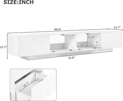 Merax TV Stand for Televisions Up to 95'', Functional Media Console with APP-Controlled Smart LED Light, Arched Cabinet Doors and Fluted Glass Doors, Entertainment Center, for Living Room, White