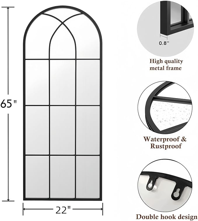 Prywot Full Body Mirror, 65"x22" Arched Window Pane Mirrors for Wall Decor, Black Full Body or Wall Mounted Mirrors, Farmhouse Standing Mirror Hanging or Leaning for Living Room, Entryway, No Stand