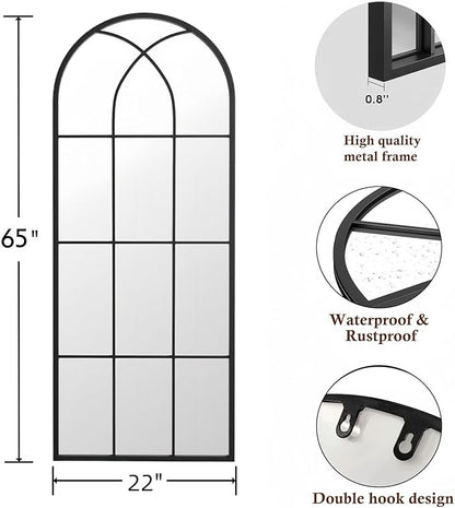 Prywot Full Body Mirror, 65"x22" Arched Window Pane Mirrors for Wall Decor, Black Full Body or Wall Mounted Mirrors, Farmhouse Standing Mirror Hanging or Leaning for Living Room, Entryway, No Stand
